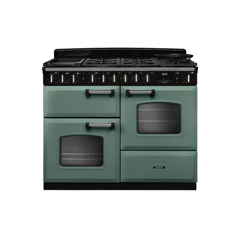 Fabrieksprijs Falcon Classic Deluxe 110 Mineral Green Chroom gasfornuis rijslade 2026
