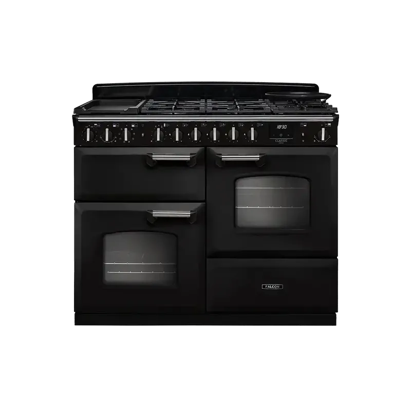 Falcon Classic Deluxe 110 Charcoal Zwart Chroom gasfornuis rijslade 2026 Gecertificeerd