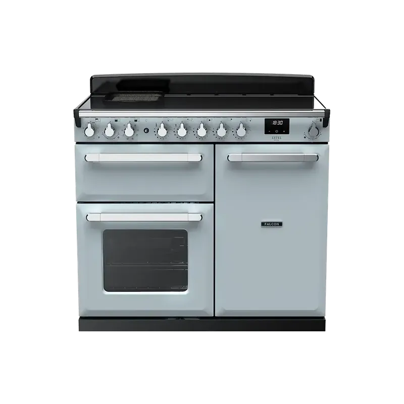 Snelle Levering Falcon Estel Deluxe 100 Misty Blue Chroom Inductie fornuis