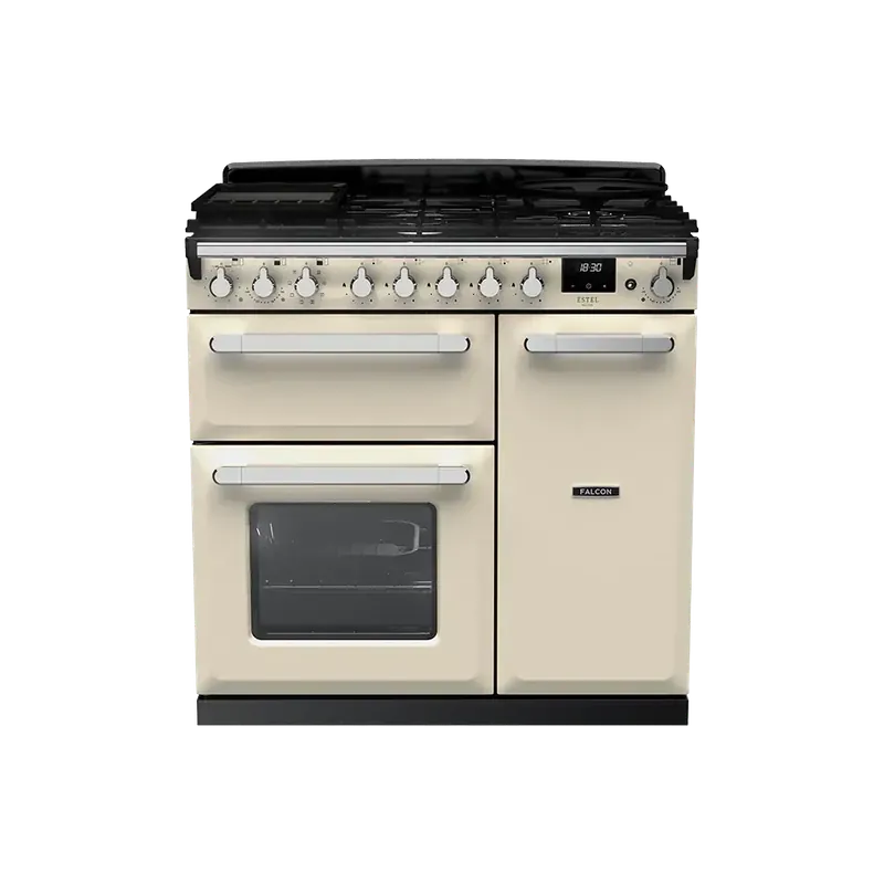 Op = Op Falcon Estel Deluxe 90 Pale Cream Chroom gasfornuis
