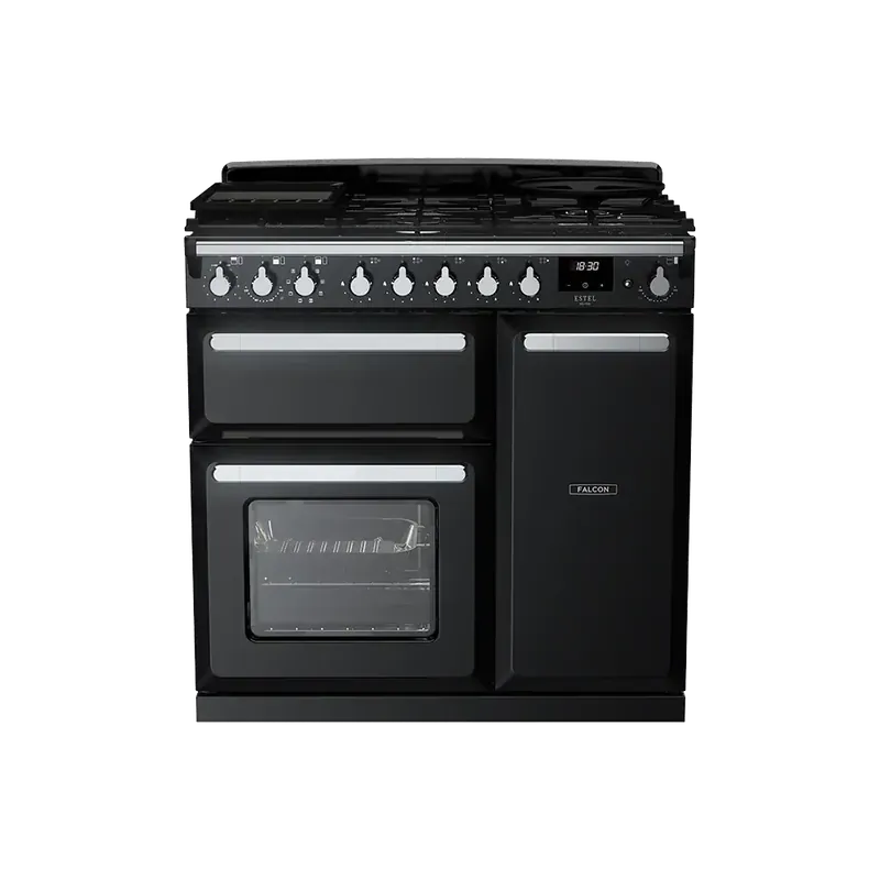 Betaalbaar Falcon  Estel Deluxe 90 Zwart Chroom gasfornuis
