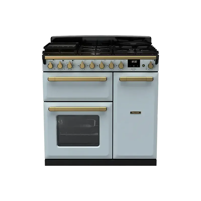 Betaalbaar Falcon  Estel Deluxe 90 Misty Blue Antiek Messing gasfornuis