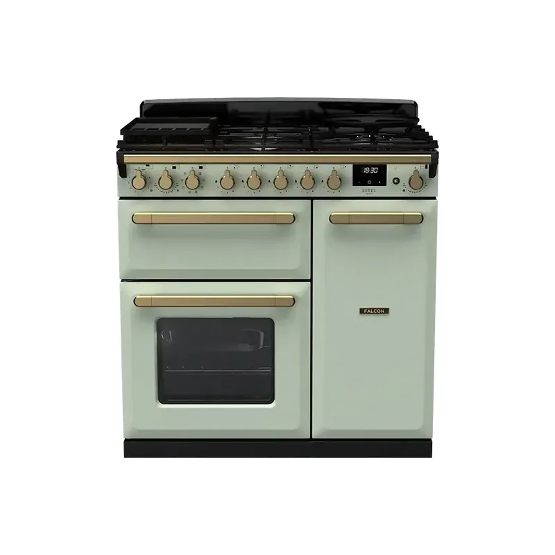 Falcon Estel Deluxe 90 Mint Green Antiek Messing gasfornuis Meest Verkocht