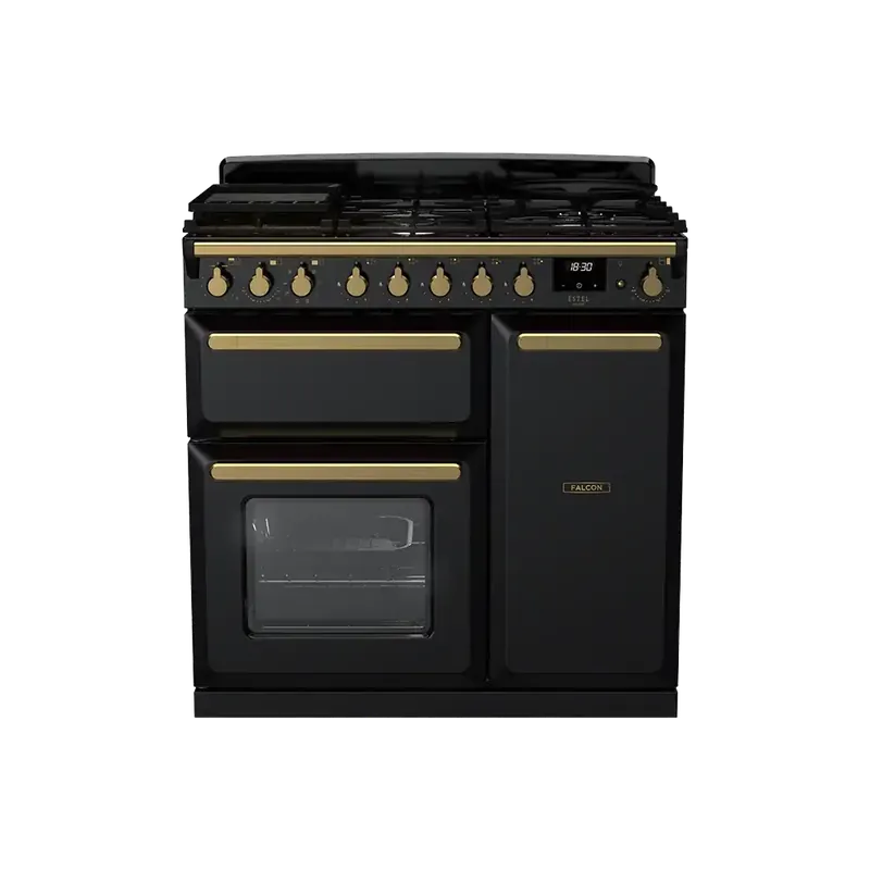 Express Levering Falcon Estel Deluxe 90 Zwart Antiek Messing gasfornuis