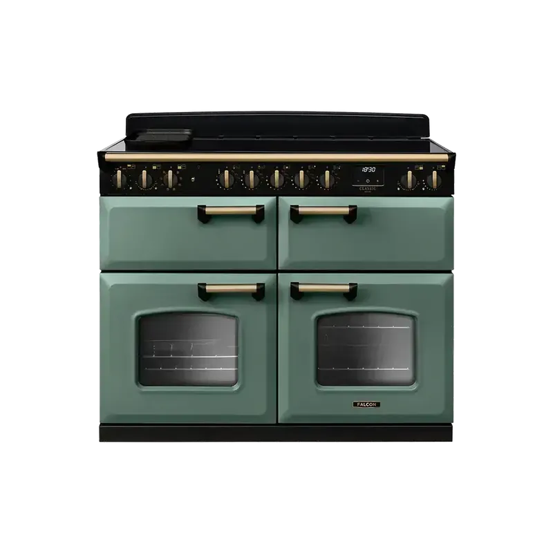Falcon Classic Deluxe 110 Mineral Green Antiek Messing inductie fornuis sudderoven 2026 Gereduceerde Prijs