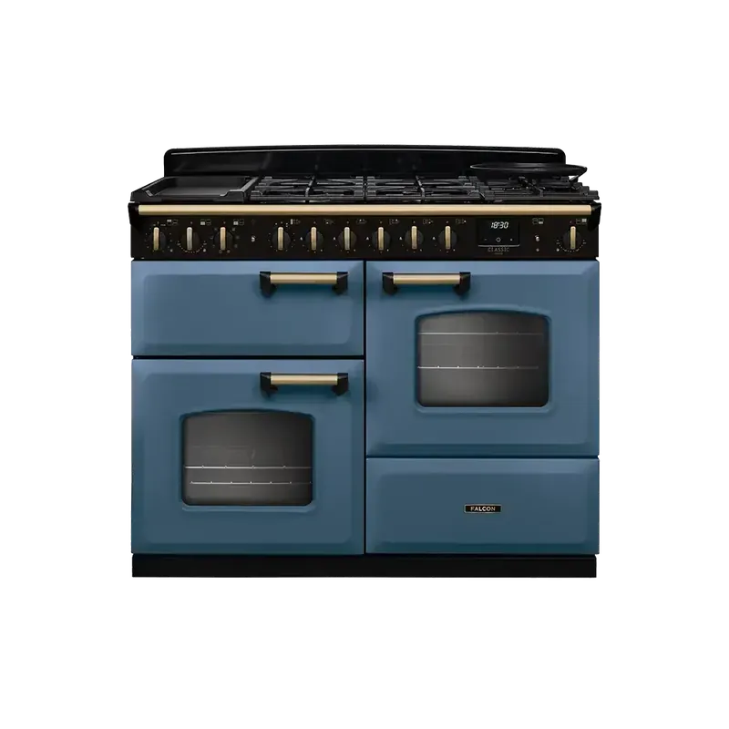Falcon  Classic Deluxe 110 Stone Blue Antiek Messing gasfornuis rijslade 2026 Alleen Vandaag