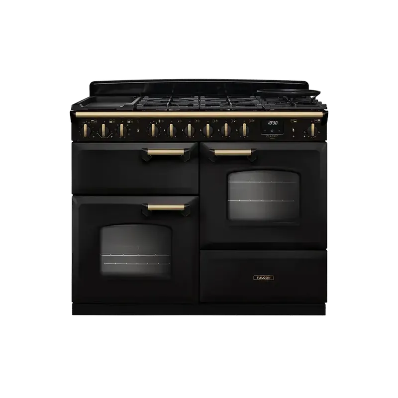 Falcon Classic Deluxe 110 Charcoal Zwart Antiek Messing gasfornuis rijslade 2026 Direct Beschikbaar