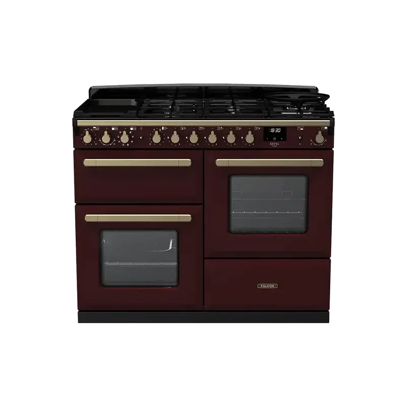 Direct Verzonden Falcon Estel Deluxe 110 Bordeaux Antiek Messing gasfornuis rijslade