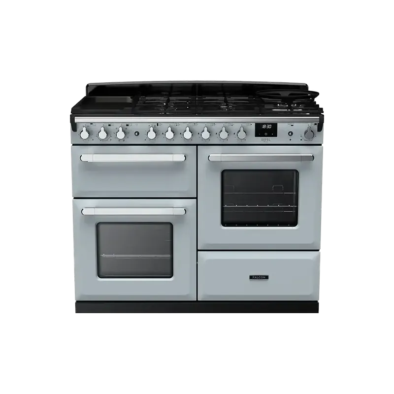 Falcon Estel Deluxe 110 Misty Blue Chroom gasfornuis rijslade Shop Nu