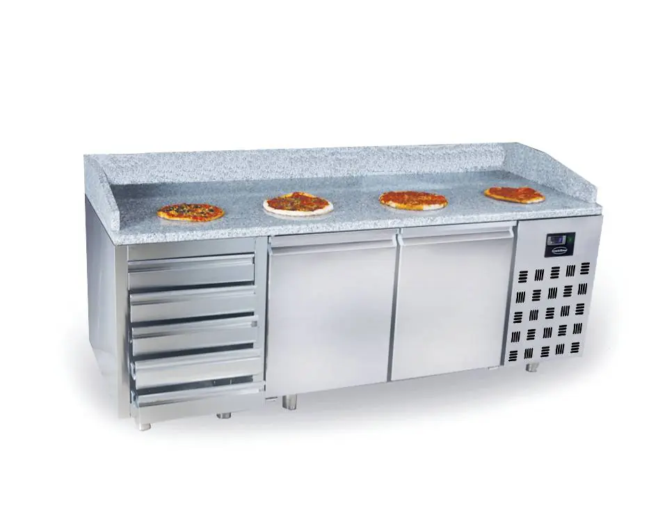 Weekendaanbieding roestvrijstalen pizzatafel - circulerende lucht - 2 deuren+5 lades - 2100x800x(h)1080mm