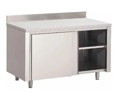 Gastro M RVS werktafel 1400(b)x700(d)x880(h)mm met schuifdeuren en achteropstand Koopje