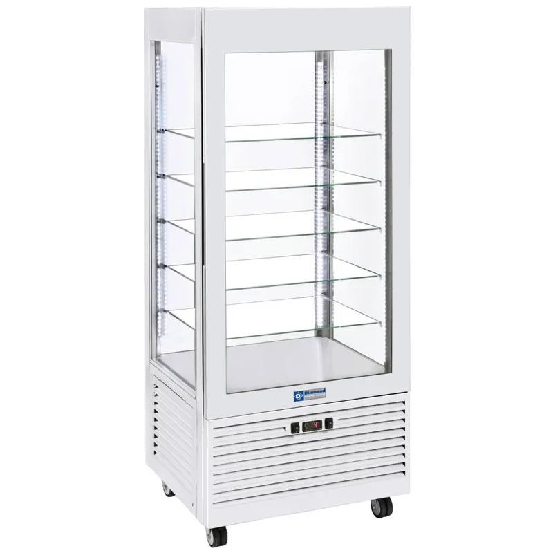 Uitverkoop Vitrine 4 zijden T° positief, 5 niveaus in glas, geventileerd, 480 Lit., WIT - 800x630x(h)1850mm