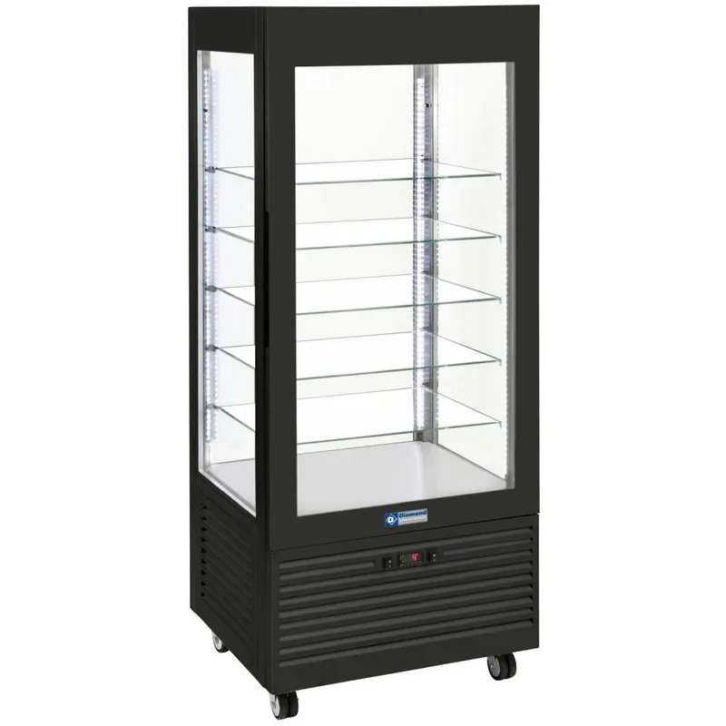 Vitrine 4 zijden T° positief, 5 niveaus in glas, geventileerd, 480 Lit., ZWART - 800x630x(h)1850mm Weekendaanbieding
