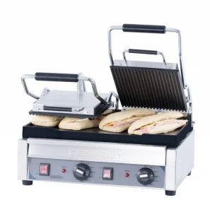 Dubbele Panini Grill Premium - Geribbeld/Glad - RVS - 2,9kW - 490x520x265(h)mm Dagaanbieding