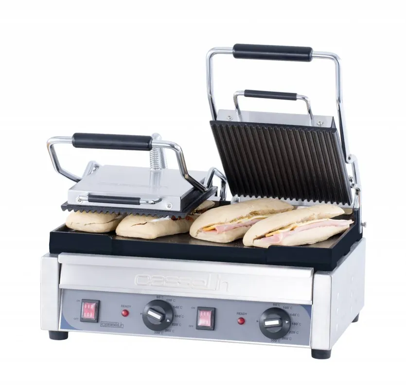 Dubbele Panini Grill Premium - Geribbeld/Glad - RVS - 2,9kW - 490x520x265(h)mm Dagaanbieding
