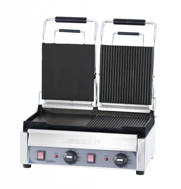 Koopje Dubbele Panini Grill Premium - Glad/Glad & Geribbeld/Geribbeld - RVS - 2,9kW - 490x520x265(h)mm