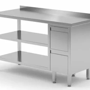 Beperkte Voorraad Werktafel RVS + Ladeblok 2 lades + 2x Bodemschap + Spatrand 800(b)x600(d)x885(h)mm