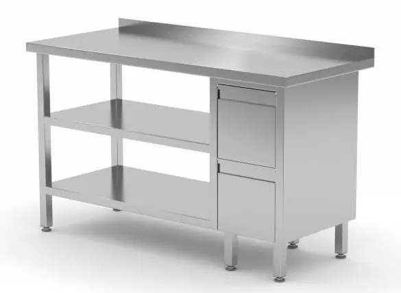 Werktafel RVS + Ladeblok 2 lades + 2x Bodemschap + Spatrand 800(b)x700(d)x885(h)mm Bestseller