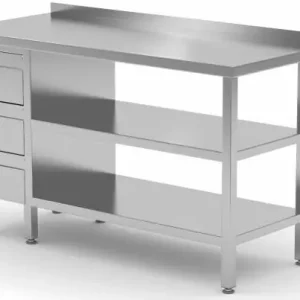 Werktafel RVS + Ladeblok 3 lades + 2x Bodemschap + Spatrand 800(b)x600(d)x885(h)mm Gecertificeerd