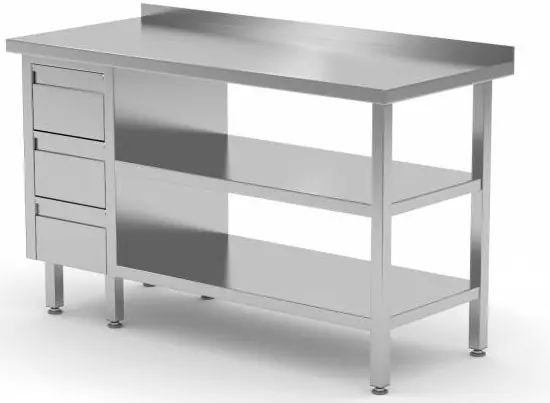 Werktafel RVS + Ladeblok 3 lades + 2x Bodemschap + Spatrand 800(b)x600(d)x885(h)mm Gecertificeerd