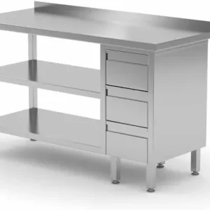 Beperkte Voorraad Werktafel RVS + Ladeblok 3 lades + 2x Bodemschap + Spatrand 800(b)x700(d)x885(h)mm