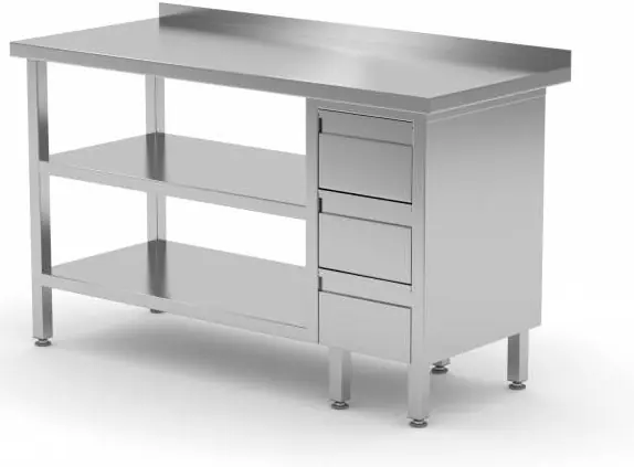 Beperkte Voorraad Werktafel RVS + Ladeblok 3 lades + 2x Bodemschap + Spatrand 800(b)x700(d)x885(h)mm