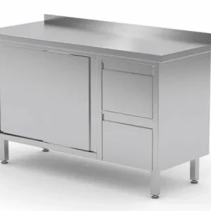 Direct Beschikbaar Werkkast RVS + 2 Lades (rechts) + 2 Schuifdeuren + Spatrand 1300(b)x600(d)x885(h)mm