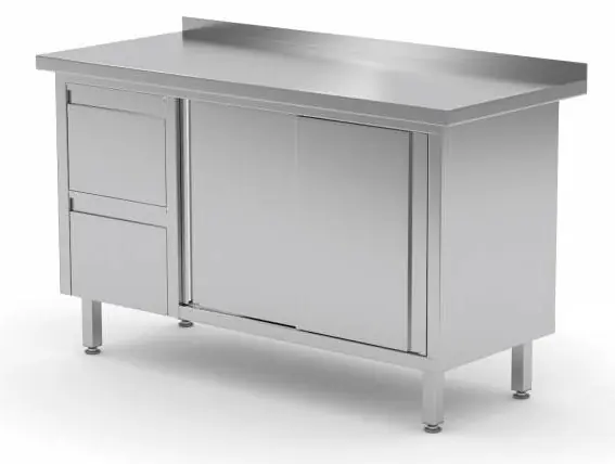 Populair Werkkast RVS + 2 Lades (links) + 2 Schuifdeuren + Spatrand 1200(b)x600(d)x885(h)mm