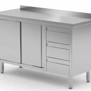Werkkast RVS + 3 Lades (rechts) + 2 Schuifdeuren + Spatrand 1200(b)x700(d)x885(h)mm Direct Beschikbaar