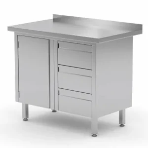 Werkkast RVS + Ladeblok (rechts) 3 lades + Klapdeur + Spatrand 830(b)x700(d)x885(h)mm Beperkte Voorraad