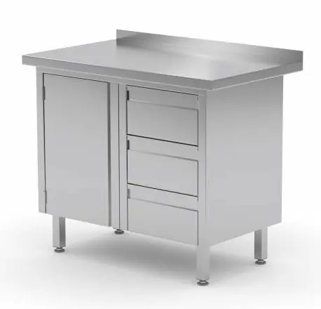 Werkkast RVS + Ladeblok (rechts) 3 lades + Klapdeur + Spatrand 830(b)x600(d)x885(h)mm Voordeelprijs
