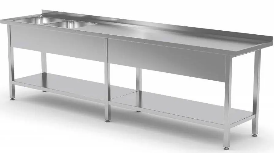 Beperkt Aanbod RVS Spoeltafel 2000(b)x600(d)x885(h)mm + 2 Spoelbakken 400x400x(h)250 (links) + Bodemschap