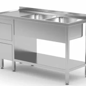 Koop Vandaag RVS Spoeltafel 1400(b)x700(d)x885(h)mm + 2 Spoelbakken rechts + 2 Ladenblokken