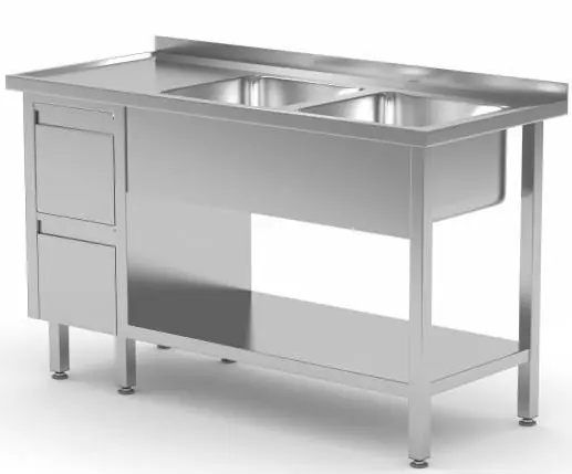 Koop Vandaag RVS Spoeltafel 1400(b)x700(d)x885(h)mm + 2 Spoelbakken rechts + 2 Ladenblokken