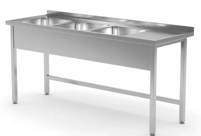 RVS Spoeltafel 1500(b)x700(d)x885(h)mm + 3 Spoelbakken (links) Open Onderkant Alleen Vandaag