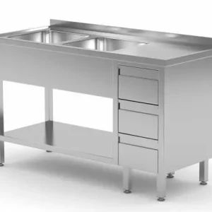 RVS Spoeltafel 1400(b)x600(d)x885(h)mm + 2 Spoelbakken links + 3 Ladenblokken Op = Op