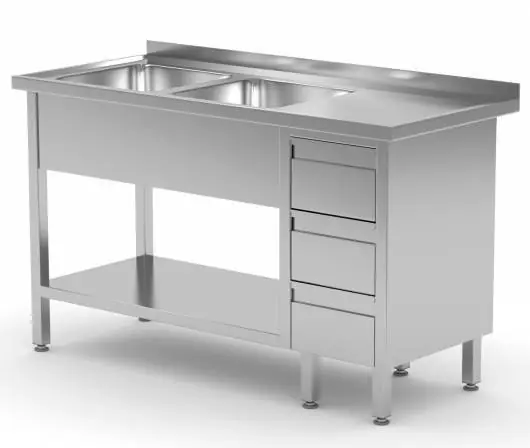 RVS Spoeltafel 1400(b)x600(d)x885(h)mm + 2 Spoelbakken links + 3 Ladenblokken Op = Op