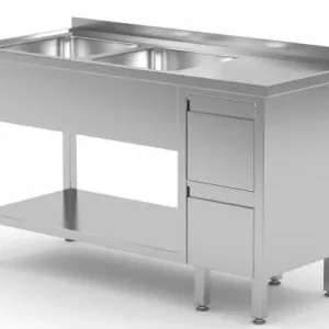Uitverkoop RVS Spoeltafel 1400(b)x600(d)x885(h)mm + 2 Spoelbakken links + 2 Ladenblokken