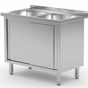 Nieuw RVS Spoeltafel + 2 Spoelbakken 400x400x250(h) + 2 Schuifdeuren + Spatrand - (b)1000mm - 600mm(d)