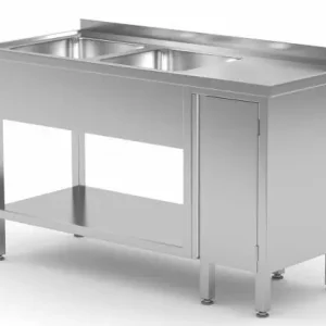 Gereduceerde Prijs RVS Spoeltafel 1400(b)x700(d)x885(h)mm + 2 Spoelbakken links + 1 Klapdeur