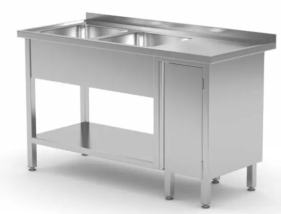 Gereduceerde Prijs RVS Spoeltafel 1400(b)x700(d)x885(h)mm + 2 Spoelbakken links + 1 Klapdeur