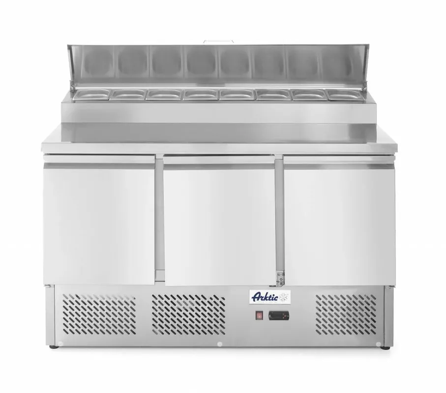 Saladette 3 Deurs - Verhoogde Vitrine - 8x GN 1/6 - 1365x700x(H)1040mm Op = Op