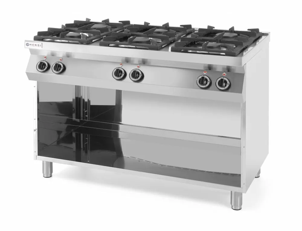 Gasfornuis Kitchen Line - 6 Pits - 3 x 3,5 kW + 3 x 6 kW - Open Onderstel - 1200x700x(H)900 Bestel Nu