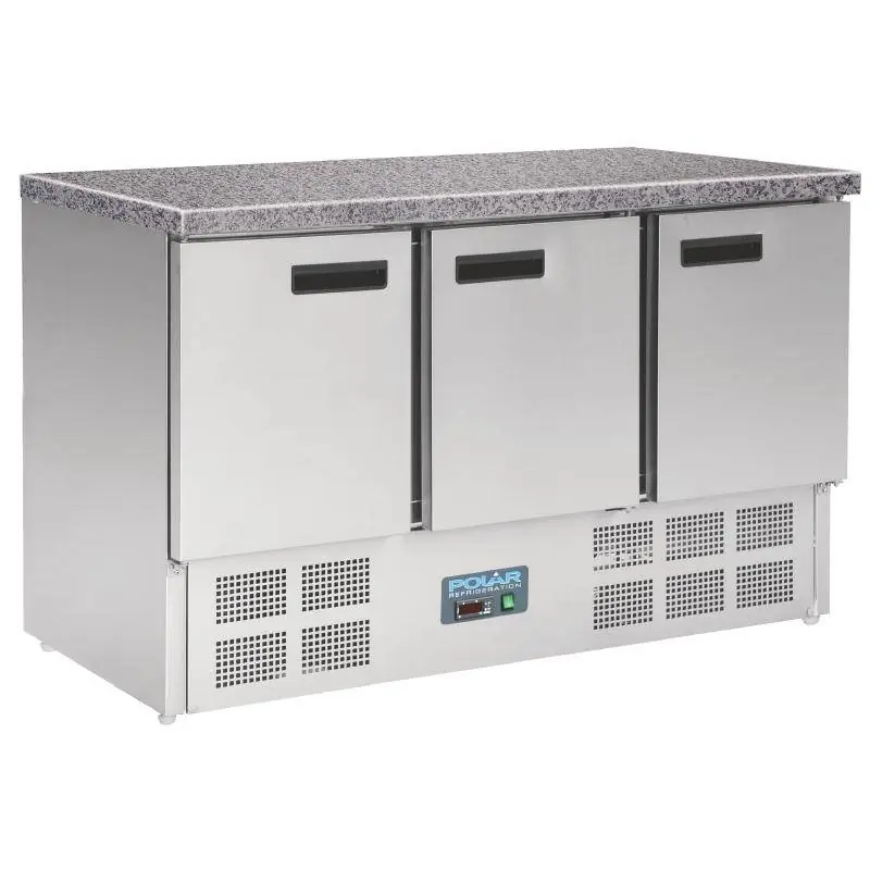 Koelwerkbank RVS - 3 Deurs - Marmeren Werkblad - 700x1370x880(h)mm Laatste Versie