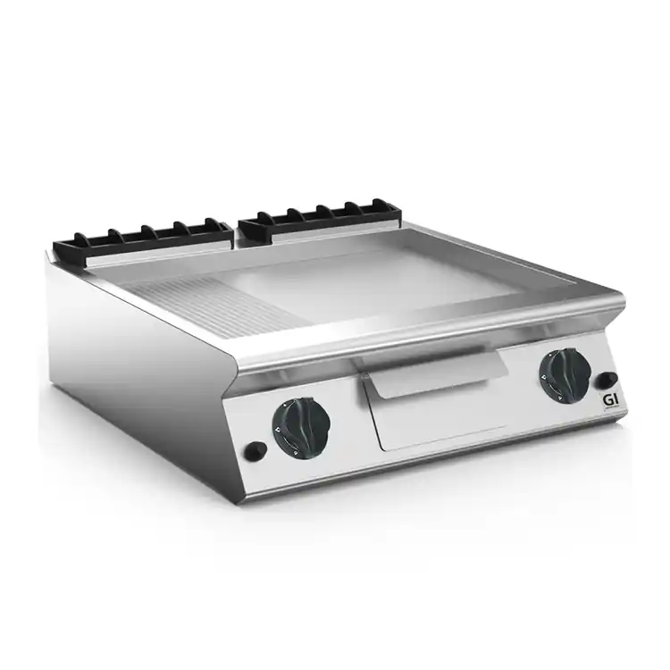 Flitsaanbieding 700 HP Gasbakplaat 2/3 Glad 1/3 Geribbelde Geslepen Stalen Plaat - 12 kW - 800x730x(H)250mm