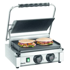 Meest Verkocht Panini Contactgrill Geribd-Glad - Digitale Timer en Temperatuur - 2,2 kW - 410x400x(H)200mm