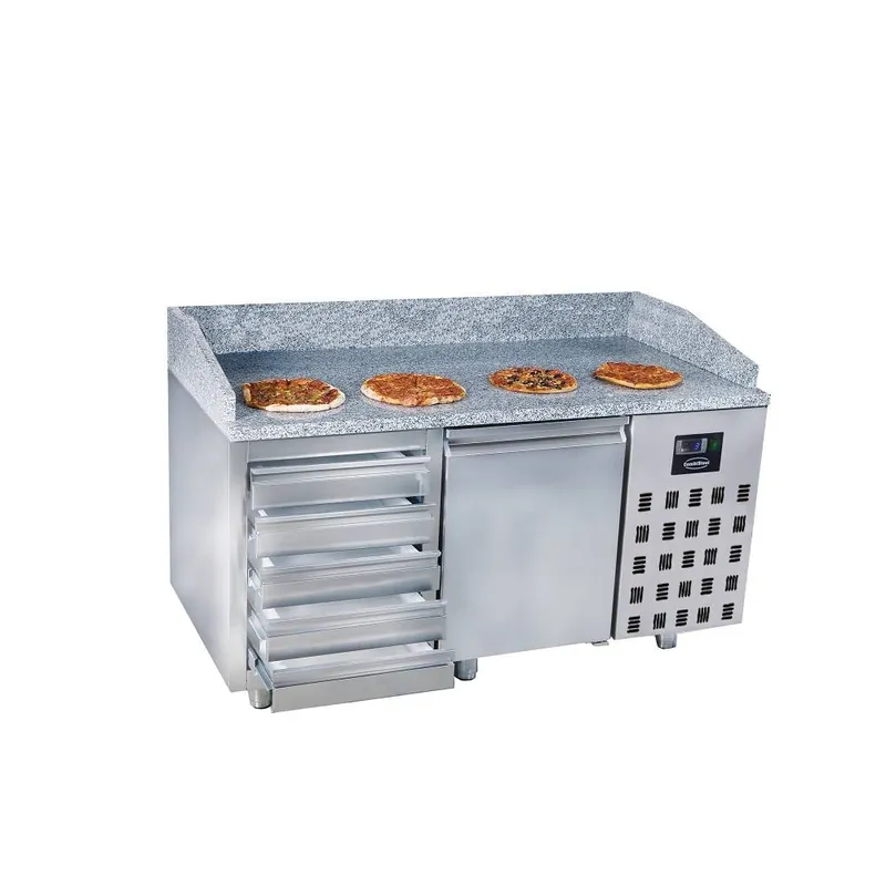 Laatste Versie roestvrijstalen pizzatafel - circulerende lucht - 1 deur+5 lades - 1550x800x(h)1080mm