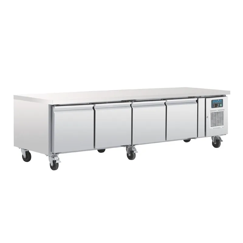 Gereduceerde Prijs 4 Deurs RVS Koelwerkbank - 420 Liter - Laag Model - 6 Wielen - 2230x700x(H)650mm