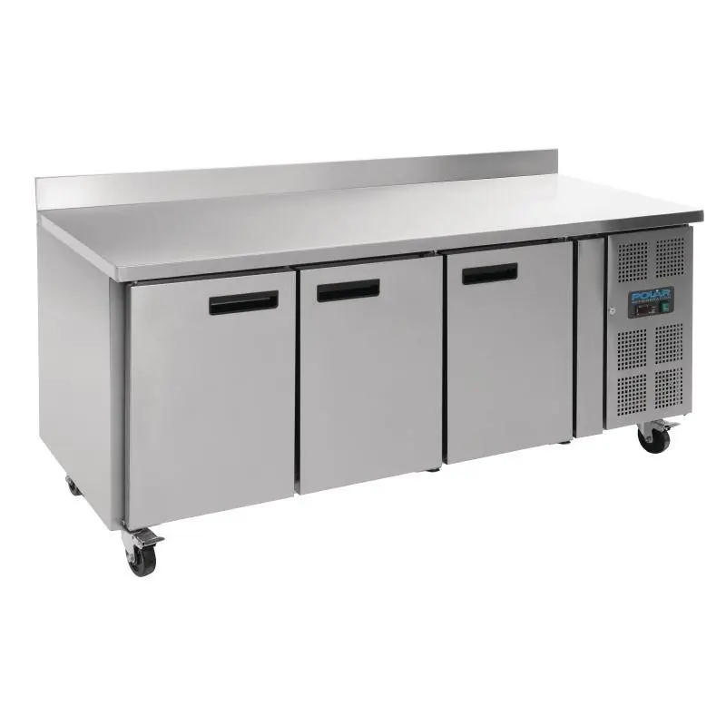 Voordeelprijs Vrieswerkbank RVS op Wielen - met Spatrand - 3 Deurs - 417 Liter - 180x70x(h)96cm