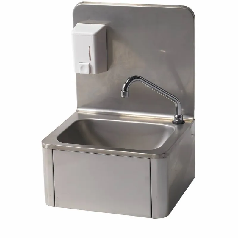 Snelle Levering RVS Handwasbak - kniebediening - + Zeepdispenser - Koud/Warm - 400x340x(H)595 mm
